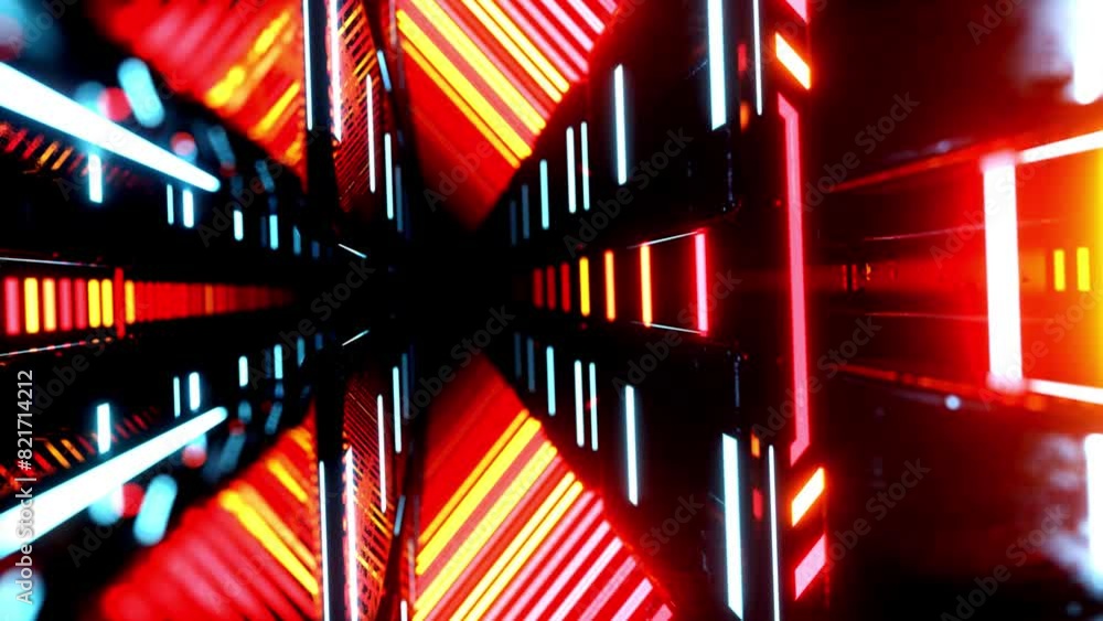 Poster flight through hi-tech technology tunnel with camera shake. neon light, sci-fi constructions, myster