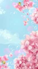 Hydrangea Flower Background with Pink Petals and Bubbles