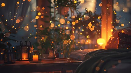 A cozy scene of a cozy home interior, with a defocused backdrop of softly glowing particles