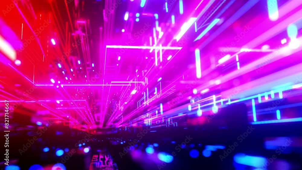 Poster neon light, sci-fi constructions, mysterious 3d objects and hologram. flight through hi-tech technol