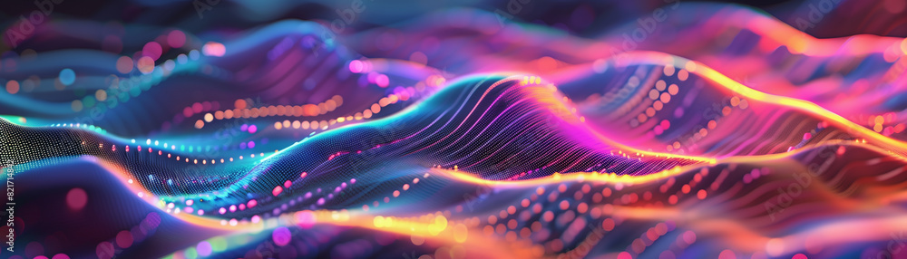 Poster abstract colorful wave patterns with glowing neon lights, representing technology, creativity, and f