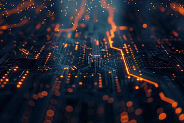 Fototapeta premium Abstract close-up of a modern electronic circuit board with glowing components and lines, depicting technology and connectivity.