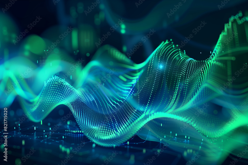 Poster abstract digital waveforms in blue-green colors, representing data flow and technology, with a futur
