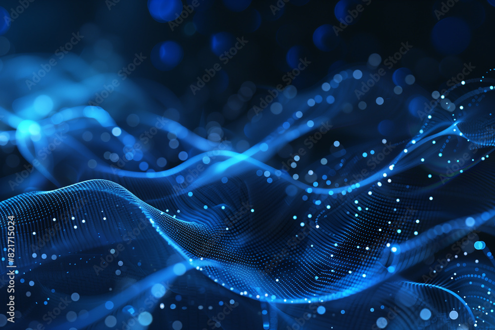 Poster abstract digital wave with flowing particles in a blue background, representing data, technology, an