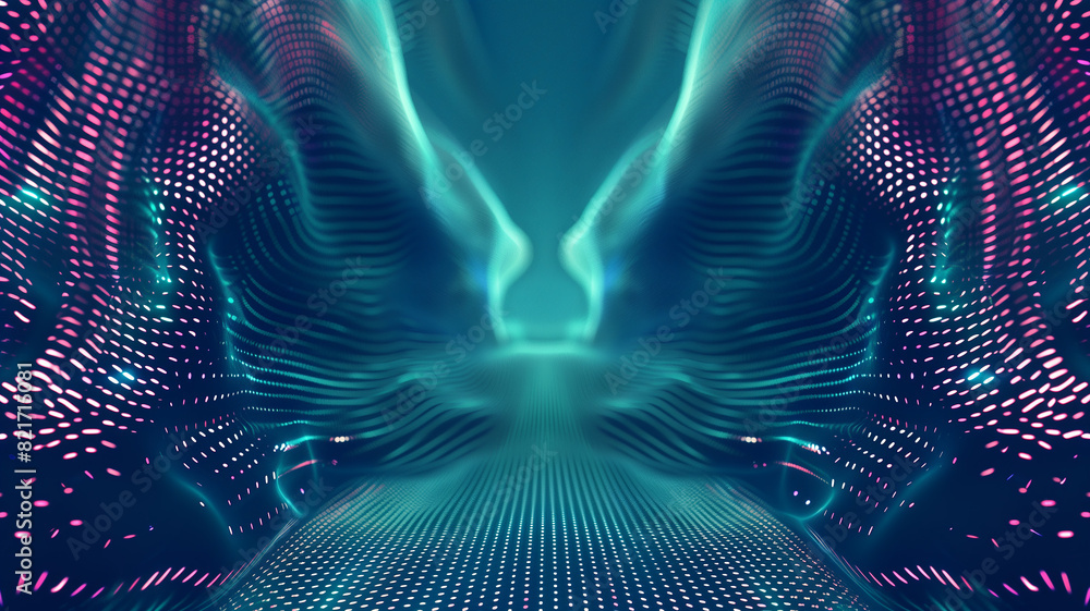 Poster abstract futuristic digital landscape with vibrant neon lights and intricate patterns, ideal for tec