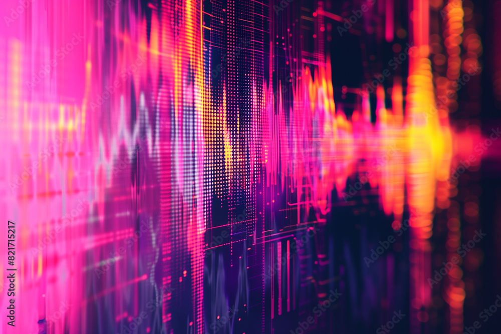 Poster abstract neon digital waveform pattern with vibrant pink and orange hues, representing technology an
