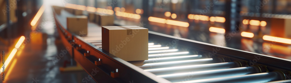 Poster automated conveyor belt system in a warehouse, efficiently transporting packages for shipping and lo