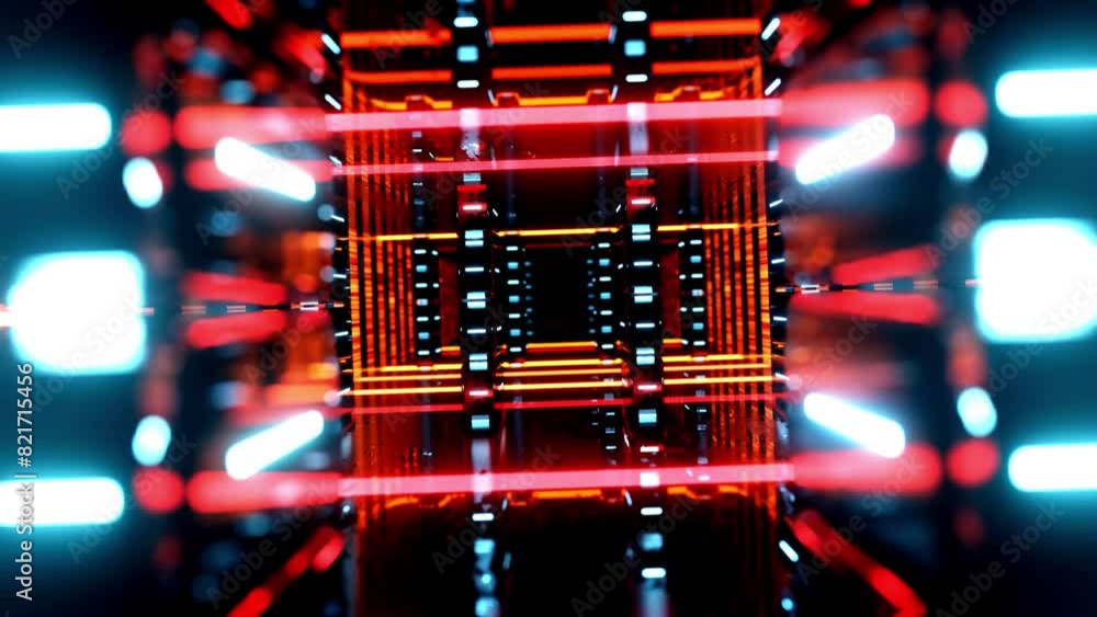 Aufkleber flight through hi-tech technology tunnel with camera shake. neon light, sci-fi constructions, myster