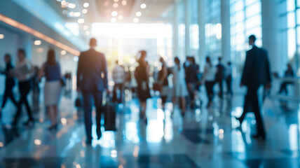 Blurred image of people walking in a modern airport terminal with bright sunlight streaming through large windows, creating a busy atmosphere.
