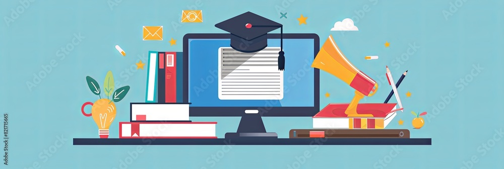 Poster a computer with a graduation cap placed on top, symbolizing the concept of online education and prof