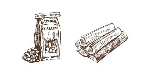 Hand-drawn monochrome vector sketch of charcoal paper bag for barbecue and firewood. Doodle vintage illustration. Decorations for the menu of cafes and labels. Engraved image.