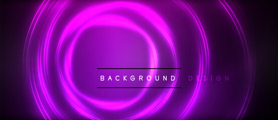 Neon glowing circle rays, light round lines in the dark, planet style neon wave lines. Energetic electric concept design for wallpaper, banner, background