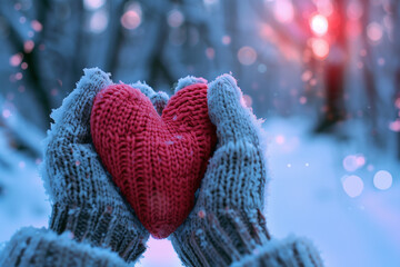 Fototapeta premium Cozy winter gloves hold a red knitted heart, capturing warmth and love against a snowy forest backdrop and a beautiful sunset.