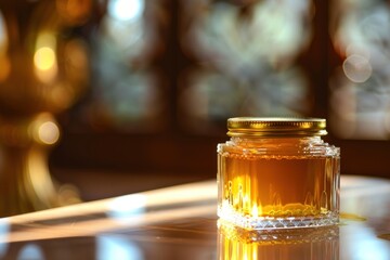 A jar of honey with a golden lid, sitting on a reflective surface with a warm, golden light illuminating it.