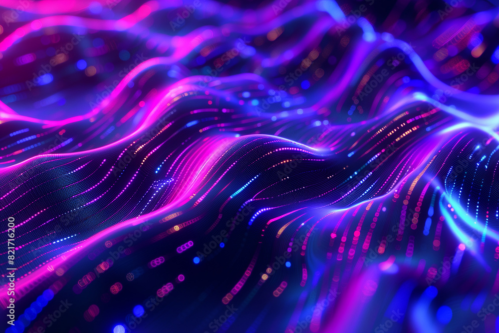 Poster futuristic wavy patterns with neon lights in blue and purple creating an abstract technological back