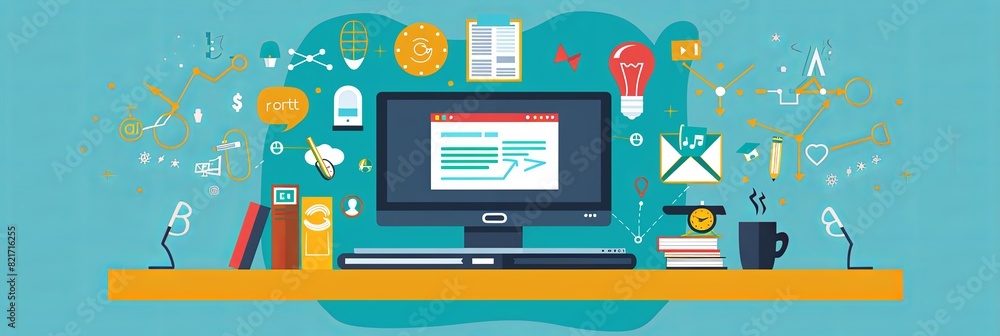 Poster a computer monitor rests on top of a desk in a room used for online education training and e-learnin