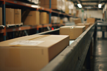 Packages on a conveyor belt in a warehouse, ready for shipping and distribution. Industrial logistics and storage facility.