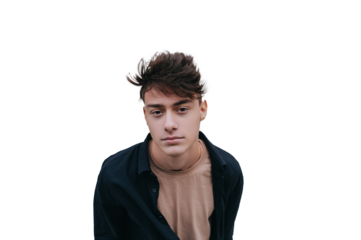 Thoughtful teen boy in black shirt standing against transparent background looks at camera with pensive face expression thinks about life. Top view on guy walking in city. Mockup, youth