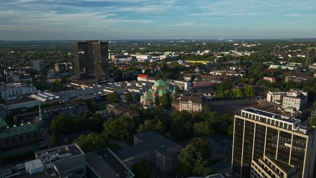Aerial drone view of Alte Synagoge in Essen , Germany . The Old Synagogue in Essen is one of the largest, best preserved and architecturally most impressive testimonies to Jewish culture 