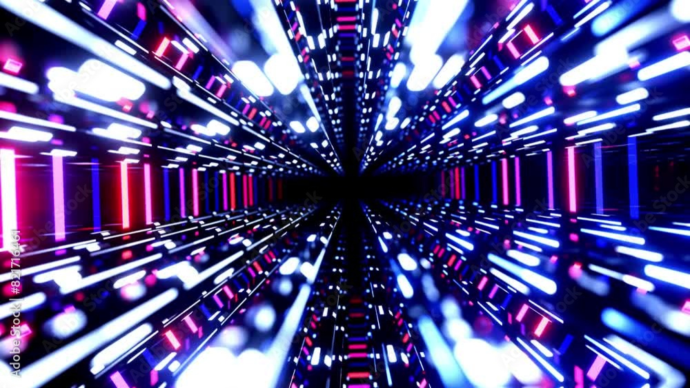 Poster flight through hi-tech technology tunnel with camera shake. neon light, sci-fi constructions, myster