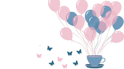   A cup with pink and blue balloons and a surrounding cluster of blue and pink balloons against a white backdrop