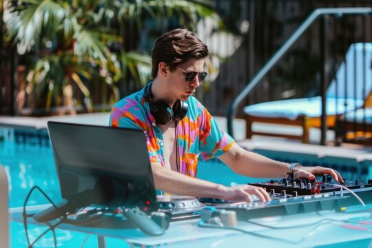 A male DJ playing upbeat music by a poolside, dressed in a colorful shirt and wearing headphones. 4th of July, american independence day, memorial day concept