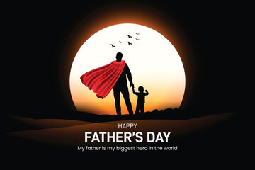 Happy Father's Day creative templates for poster, cover, banner, social media post, post card design etc. Concept of Father's day. Fathers day day creative theme. Daddy and son in an Superhero concept