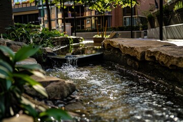 Fototapeta premium Small water feature in a downtown area, with strategically placed rocks and plants, creating a tranquil urban environment.