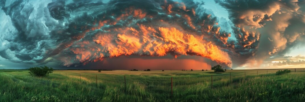 Panorama of a massive mesocyclone weather supercell, which is a pre tornado stage, passes over a grassy tornado sunset color