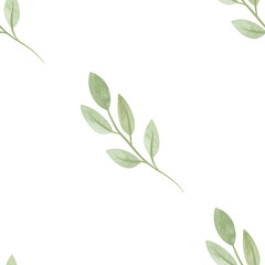 Cute spring soft green twigs with leaves in sketch style. Seamless watercolor pattern for fabric, wallpaper, wrapping paper, packaging cosmetics, tablecloths, curtains and home textiles.