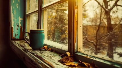   A cup of coffee sits on a windowsill next to a tree outside