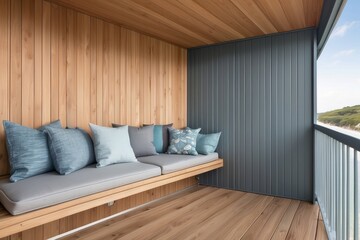 Coastal Balcony Design With Wooden Panelling And Grey Storage Unit