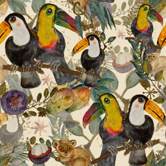 Large Colorful Toucan Birds, Mango and Tropical Fruit Plant, Seamless Watercolor rainforest Pattern