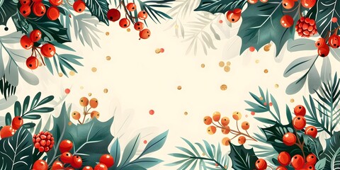 Fototapeta premium Festive Winter Holiday Frame with Lush Holly Berries Pine Branches and Snowflakes in Elegant