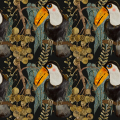 Large Colorful Toucan Birds and Tropical Plant, Seamless Watercolor rainforest Pattern on black Background 