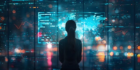 Silhouette Figure Stands Before Futuristic Digital Interface for Online Business Meeting