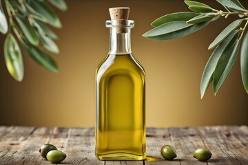 Glass bottle of olive oil and olives on table commercial banner copy space Olive oil in glass bottle
