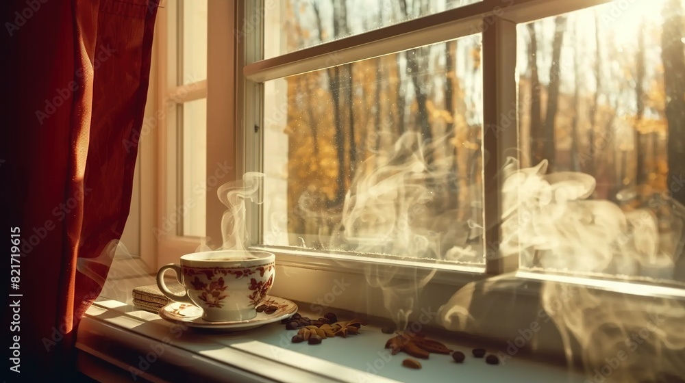 Poster a cup of coffee sits on a window sill next to smoking