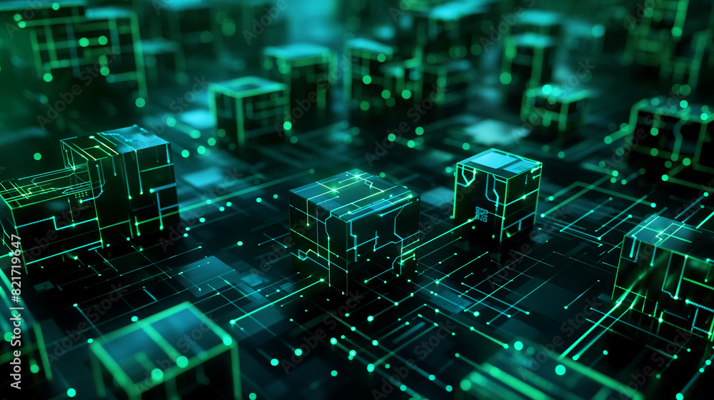 Poster digital data cubes with binary codes and circuit lines, futuristic technology background, modern cyb