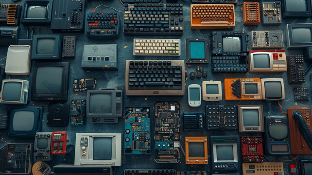 Collection of vintage electronic devices including keyboards, monitors, and circuit boards arranged neatly in a grid pattern on a blue surface, showcasing technology evolution and retro electronics.