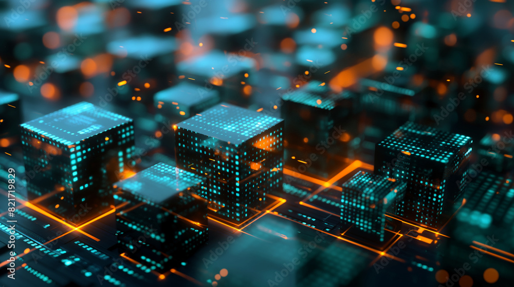 Poster digital data cubes with binary codes and circuit lines, futuristic technology background, modern cyb