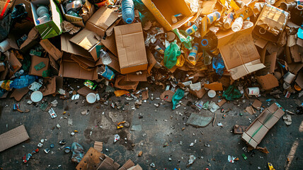 A large pile of garbage, consisting of cardboard boxes, plastic bottles, and other trash