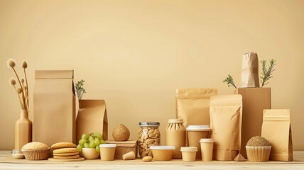 A variety of food and drink products are displayed on a table. The products are all packaged in eco-friendly materials.