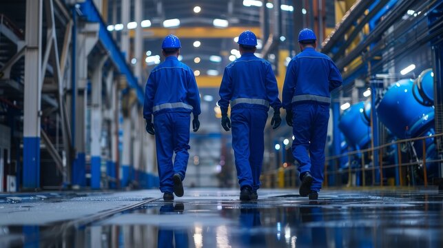 industrial workers in blue uniforms and helmets walking away in large industrial facility