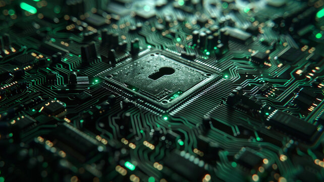 Circuit board with a keyhole. Concept of cyber security.