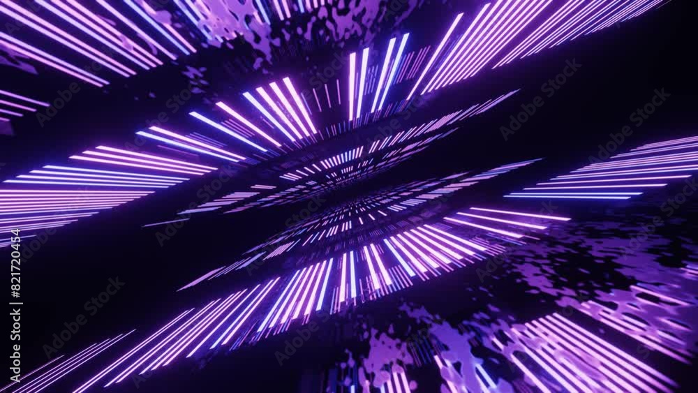 Poster 4k seamless looped animation. fly through mirror tunnel with neon pattern, glow lines form sci fi pa