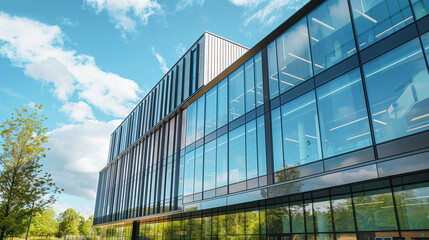 A modern building with a façade made of glass and metal, serving as a cultural center, is characterized by large windows that give it lightness and transparency.