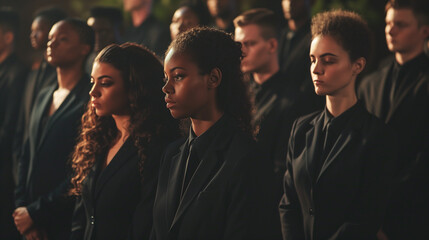 Fototapeta premium People in black suits gathered at the funeral create a sad and modest atmosphere of mourning.