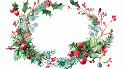 Christmas wreath. Watercolor illustration. Frame on white