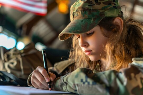 A girl in military uniform writing a letter, with an American flag in the background, symbolizing patriotism and dedication. Memorial day,